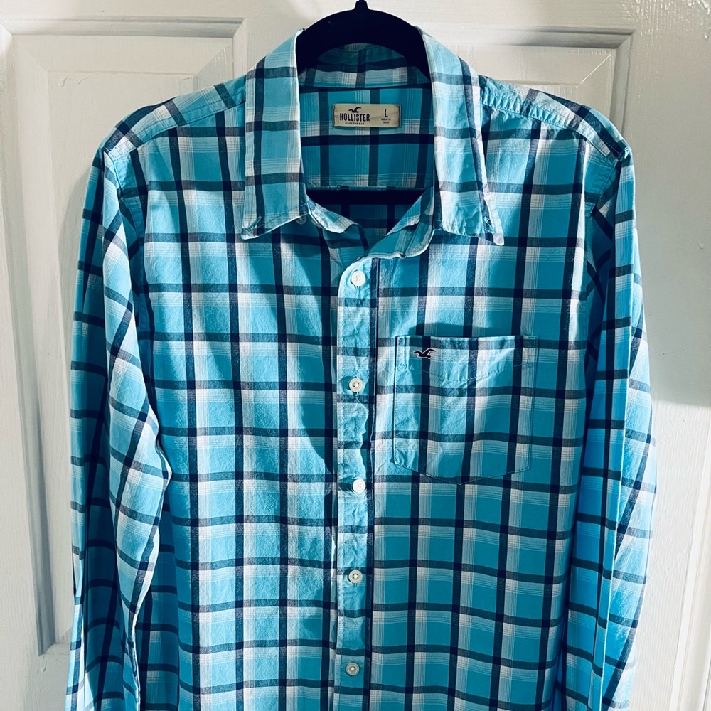 Hollister Men's Teal and Blue Checkered Shirt